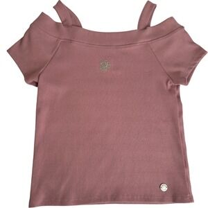 Limited Too Cold Shoulder Top Girls Size 10 Pink Ribbed Rhinestone Flower 308406